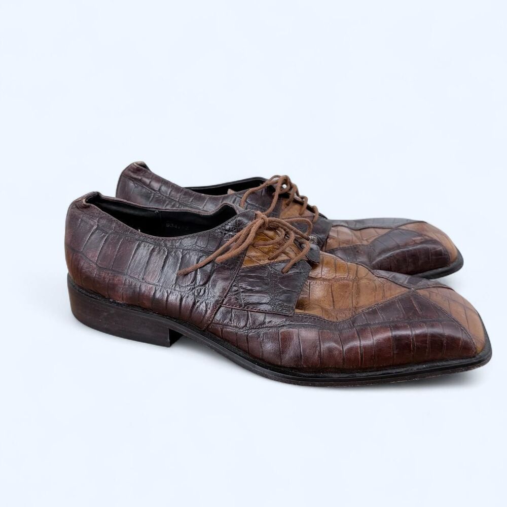 Brown 2 Tone Crocodile Embossed Leather Square Toe Patchwork Oxford Shoes